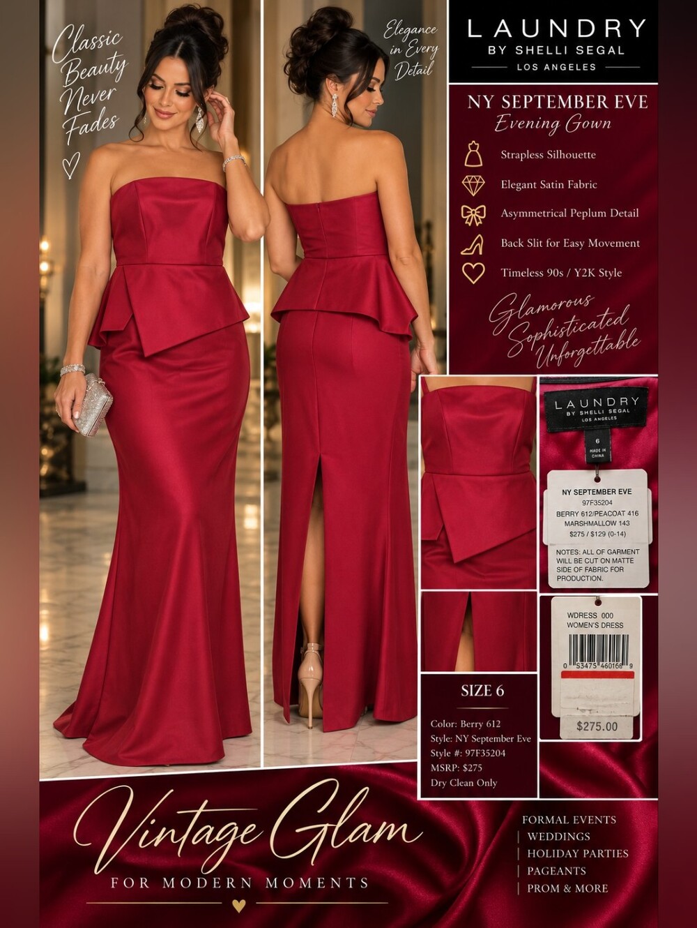 Vintage 90s Laundry Shelli Segal Berry Satin Peplum Maxi Gown NWT Sz 6